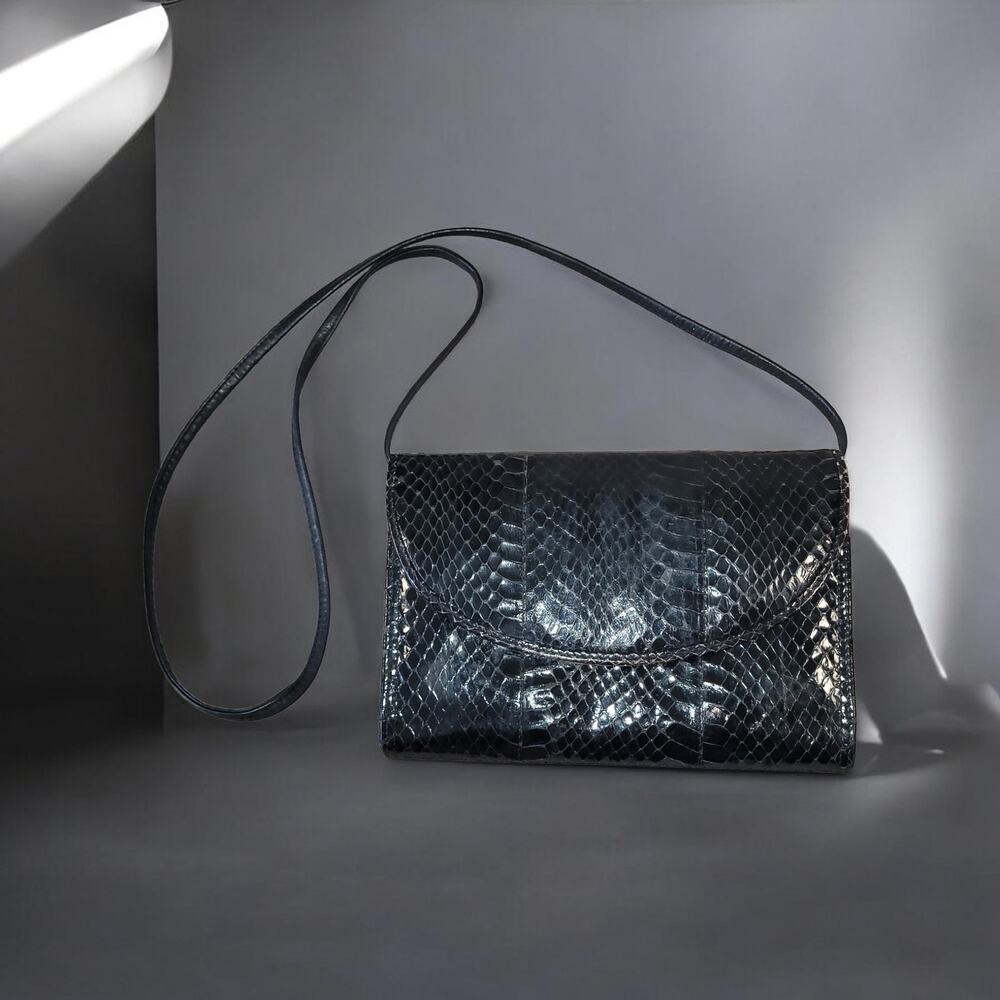 Vintage 1980s Black Genuine Snakeskin Envelope Clutch Bag, Gold Magnetic Snap